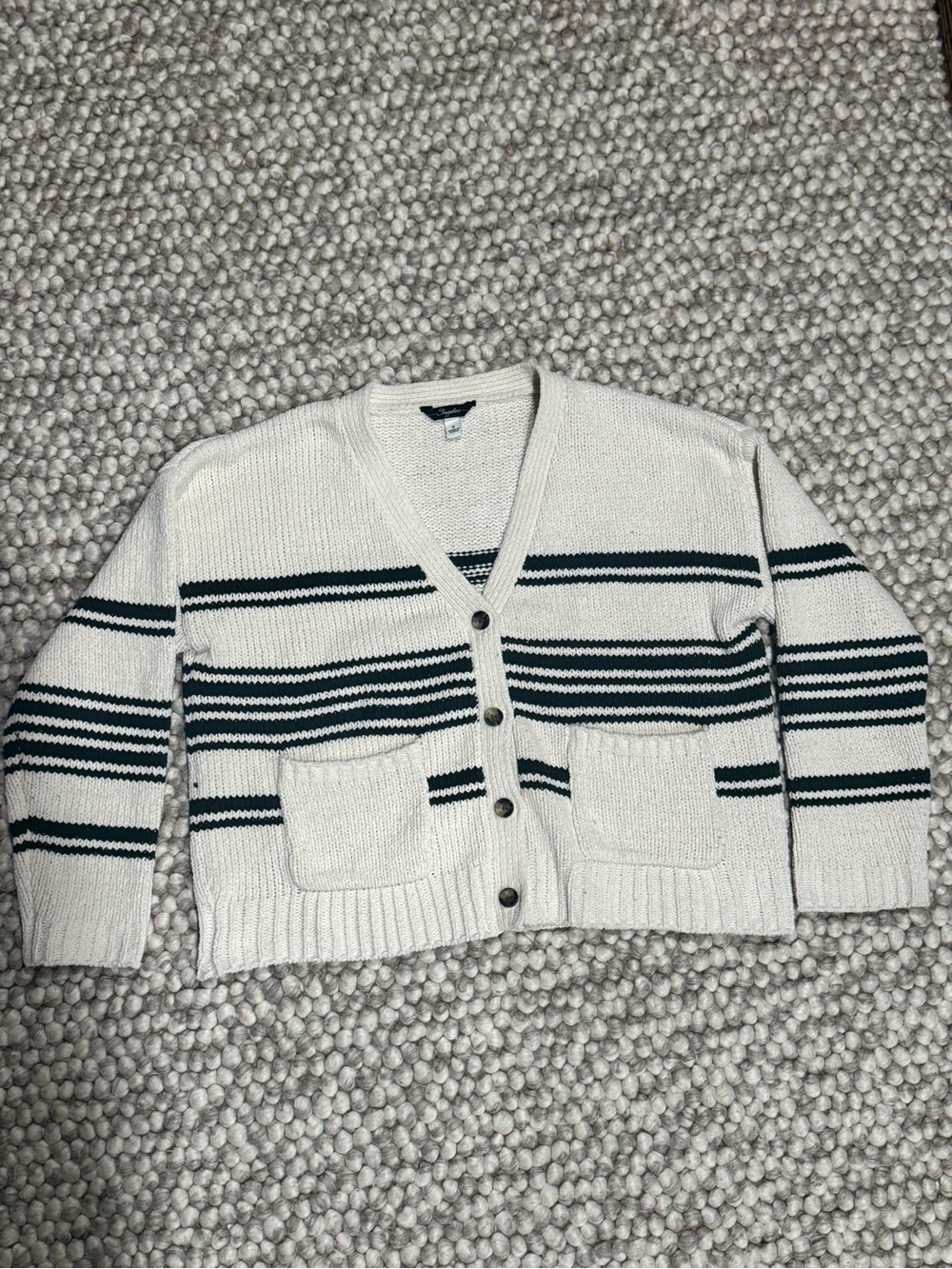 Striped V-Neck Cardigan Sweater - Cream with Dark Green Stripes